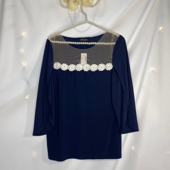Prelude Soft & Elegant Navy Flower Lace Netting Embellished Top - Medium NWT - Picture 1 of 8